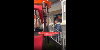 Mother Cheers On Her Overweight 6 Year Old Daughter For Reaching The Top Of The Slide