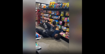 Police Officer Gets Handled By A Big Woman In A Store After He Tried To Arrest Her