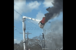Baton Rouge Utility Worker Seen Trying To Climb Down From A Bucket Truck After It Caught Fire