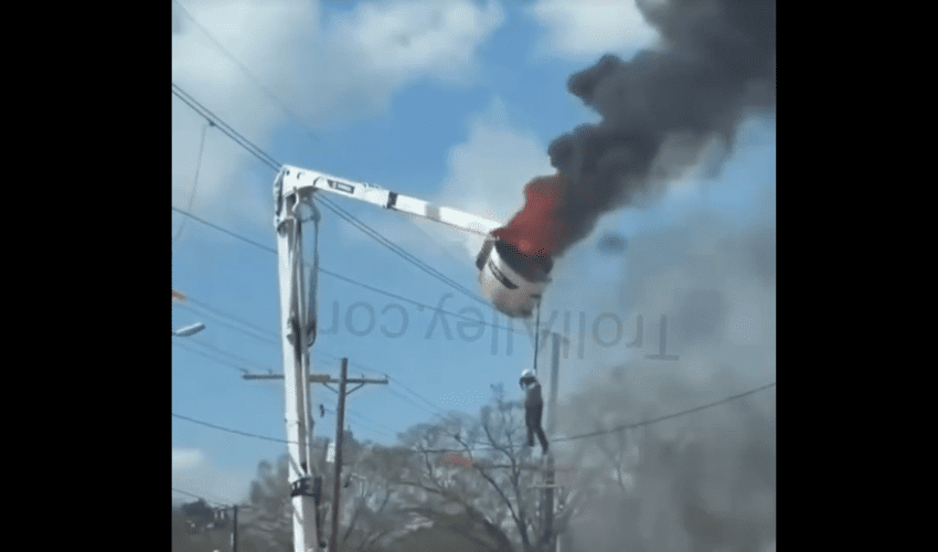 Baton Rouge Utility Worker Seen Trying To Climb Down From A Bucket Truck After It Caught Fire