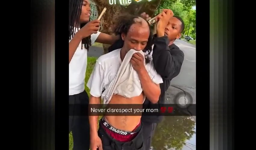 Dude Gets His Head Shaved Bald And Gets Jumped By The Whole Neighborhood After They Found Out He Beat His Mother With A Chair