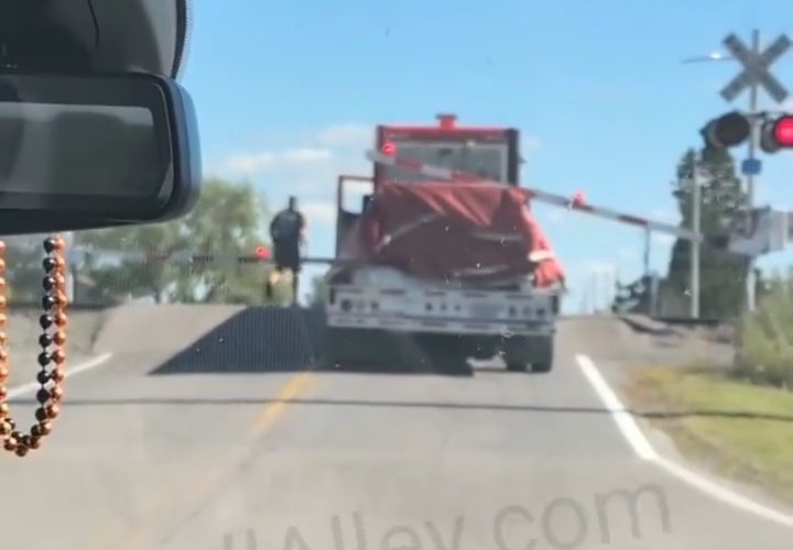 Semi Truck Driver Didn’t Want To Back Up Or Go Forward Because He Got Stuck On The Crossing Bars So He Let The Train Go Thru His Truck